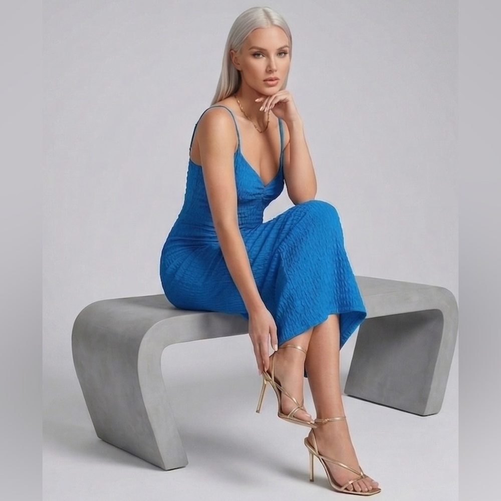 Boho Rippled Texture Cut-Out Maxi Dress Blue - Picture 4 of 11